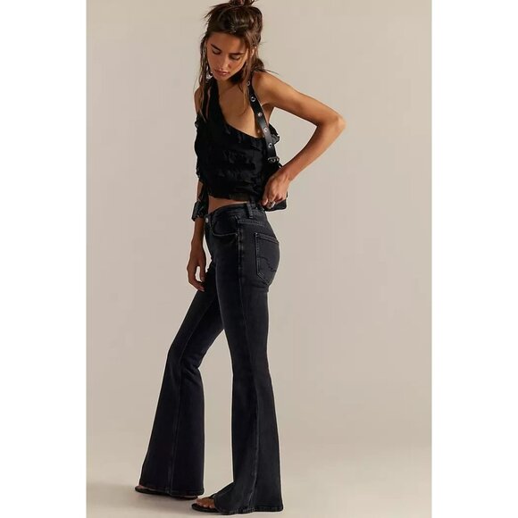 [Free People] Washed Black Low Rise Slim Leg Flare Jeans Stretch Casual Size 26 - Picture 1 of 11
